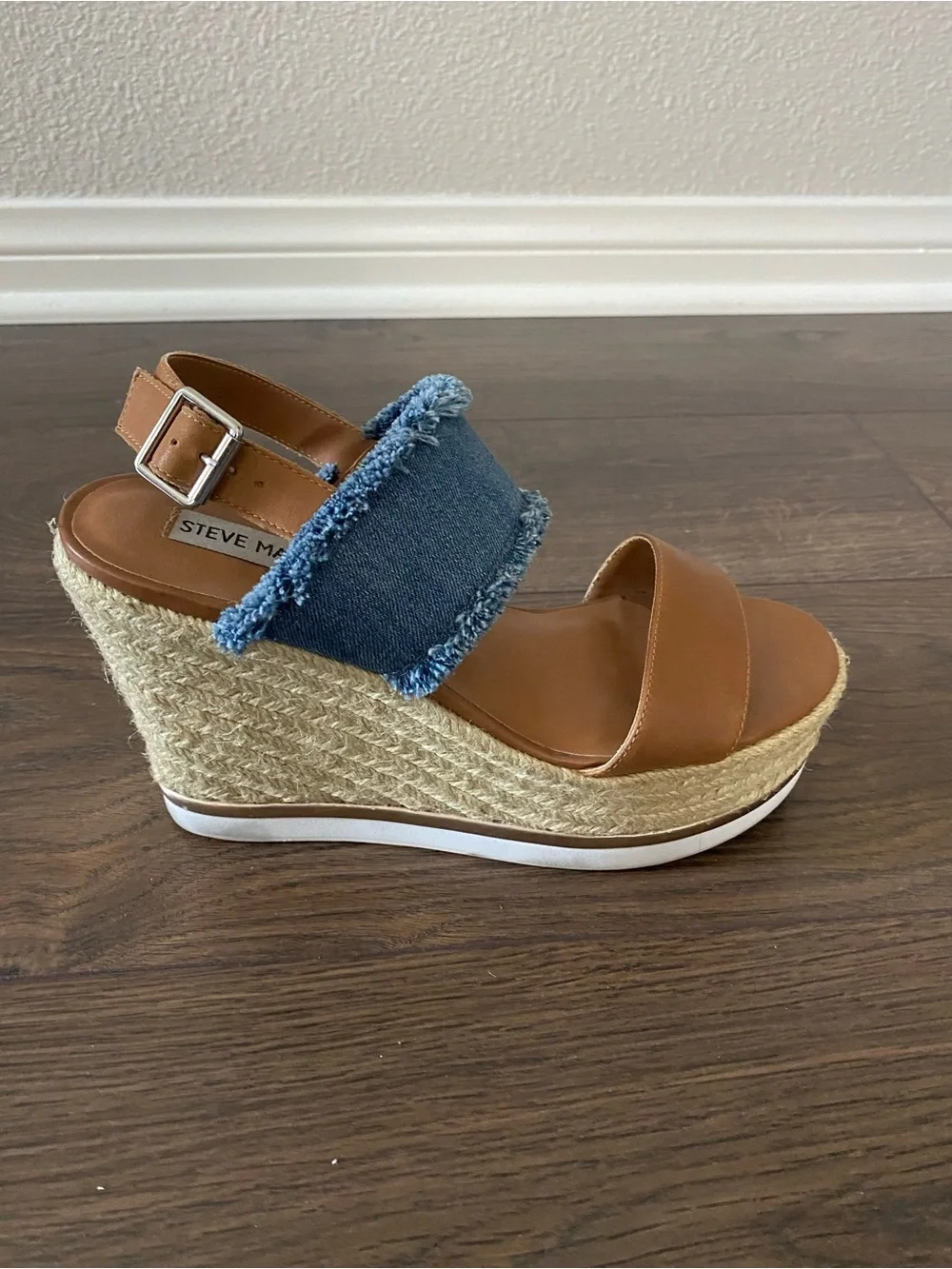 Steve Madden Tan Leather and Blue Denim Espadrille Wedge Sandals